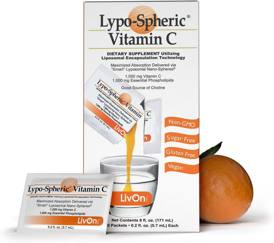 LivOn Laboratories Lypo–Spheric Liposomal Vitamin C 1000mg - No Sugar, Immune Support, Plant Based - Easy to Swallow, Absorbable - Non–GMO, Gluten Free (0.2 fl oz Individual 30 Packets)