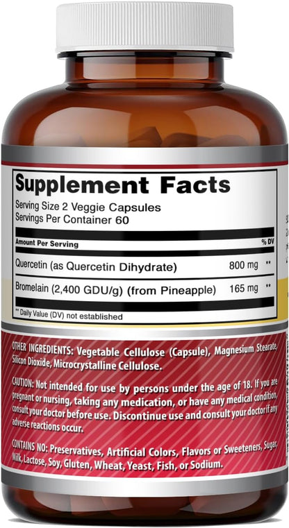 Amazing Formulas Quercetin 800mg with Bromelain 165mg, 120 Veggie Capsules Supplement | Non-GMO | Gluten Free | Made in USA