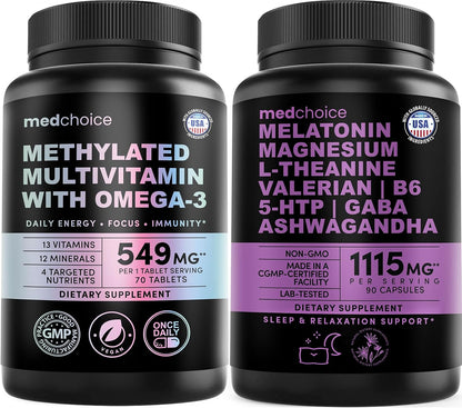 29-in-1 Methylated Multivitamin for Men & Women with Omega 3, Active B12, 5-MTHF Folate (70ct) & 12-in-1 Melatonin Sleep Capsules with Melatonin 5mg and Magnesium Glycinate 500mg Bundle (90 ct)