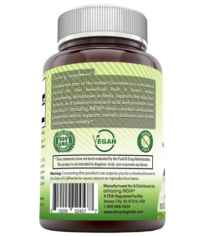 Amazing India Amla (Made with Natural Amla Fruit) 500 Mg 120 Veggie Capsules Supplement - Non-GMO, Gluten Free