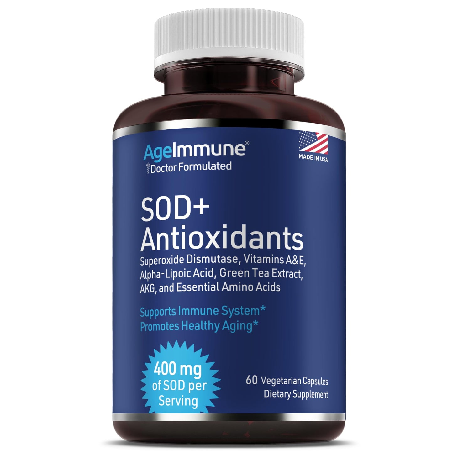SOD Antioxidants Complex Healthy Aging Supplement - 400mg of Superoxide Dismutase - Alpha Lipoic Acid - Green Tea Extract - L-Arginine - Lysine - AKG - Vitamins A and E for Immune Support-120 Capsules