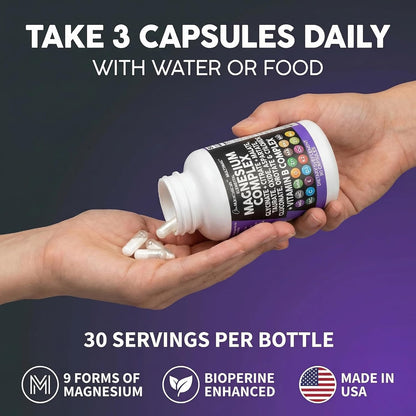 Clean Nutraceuticals Magnesium Complex with Magnesium Glycinate Citrate Malate Oxide Taurate Aspartate Orotate & Mag Chloride, Zinc Copper Manganese & Vitamin C B1 B2 B6 B12 Complex - 1Pack