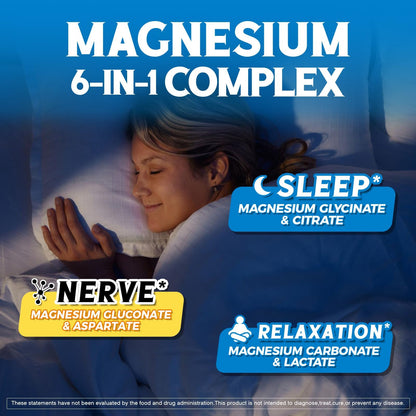 Vitalibre 6 in 1 Magnesium Complex for Women Men, 260mg Elemental Magnesium | Max Absorption | Chelated Magnesium Supplement for Bone, Relaxation & Nerves Support | Non-GMO, 120 Vegan Capsules