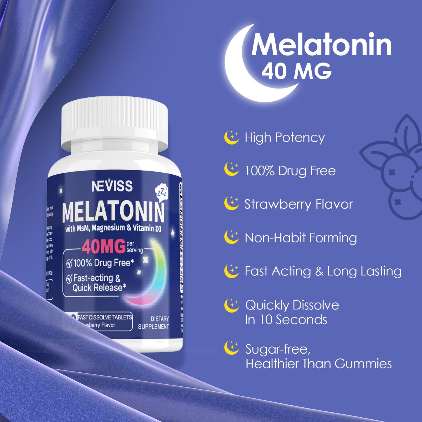NEVISS Melatonin 50 mg for Adults - Extra Strength 9-in-1 Fast Dissolve Sublingual - High Dose with Magnesium Glycinate, Vitamin D3, Ashwagandha, Lemon Balm, Chamomile, Sugar Free,Vegan 120 Tablets