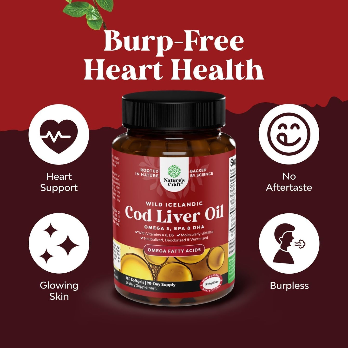 Icelandic Wild Caught Cod Liver Oil Softgels - Fish Omega 3, EPA, DHA, Vitamin D & A, 1000mg Per Serving - Burpless Capsules for Heart, Joint, Brain & Immune Support - 100 Count
