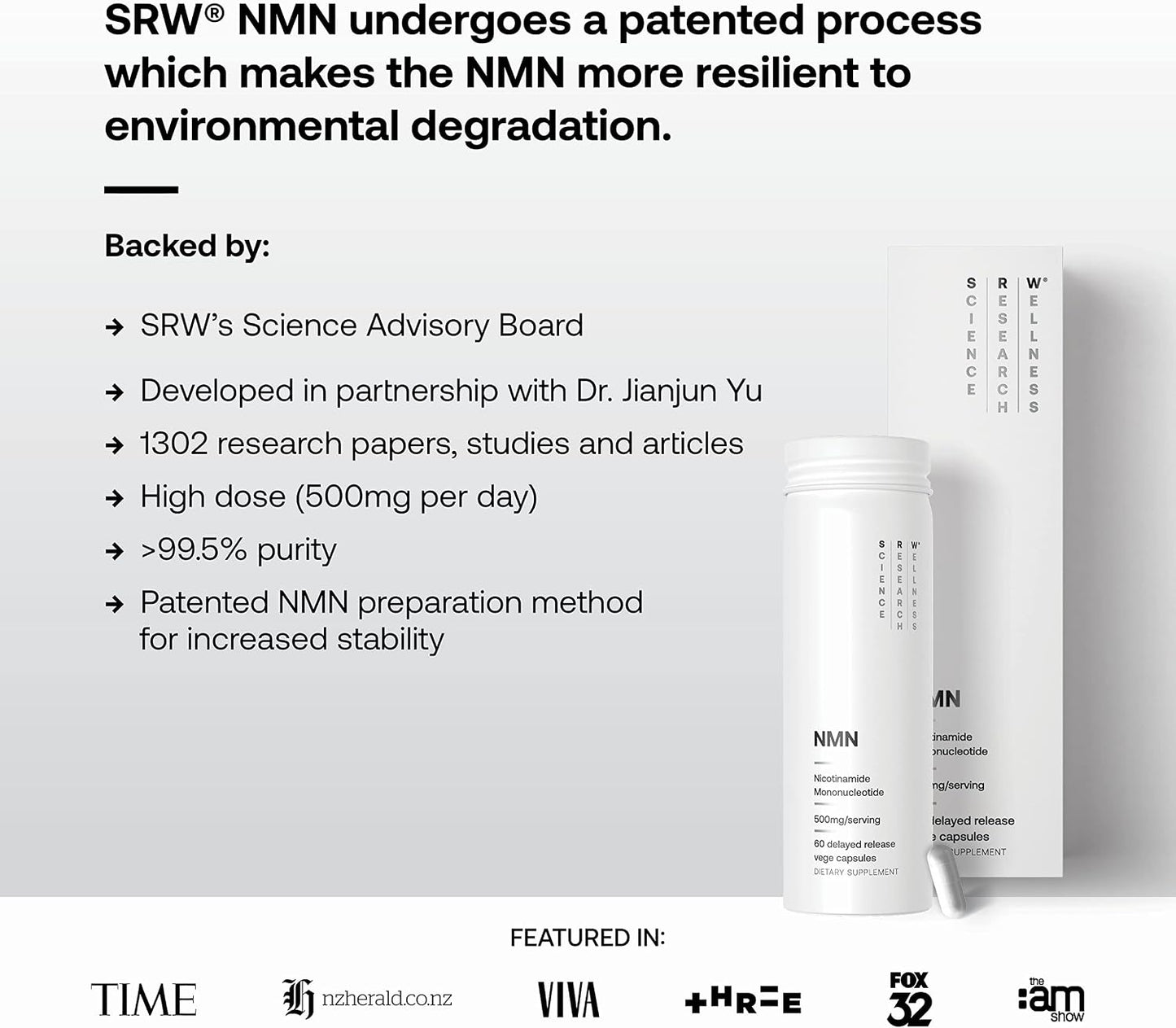SRW Laboratories NMN 500mg | Over 99.5% Pure Nicotinamide Mononucleotide | Patented Stabilization | Delayed Release Capsules | NAD+ Booster for Cellular Energy & Healthy Aging | 60 Vege Capsules