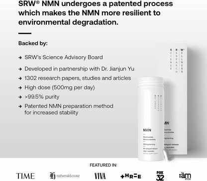 SRW Laboratories NMN 500mg | Over 99.5% Pure Nicotinamide Mononucleotide | Patented Stabilization | Delayed Release Capsules | NAD+ Booster for Cellular Energy & Healthy Aging | 60 Vege Capsules