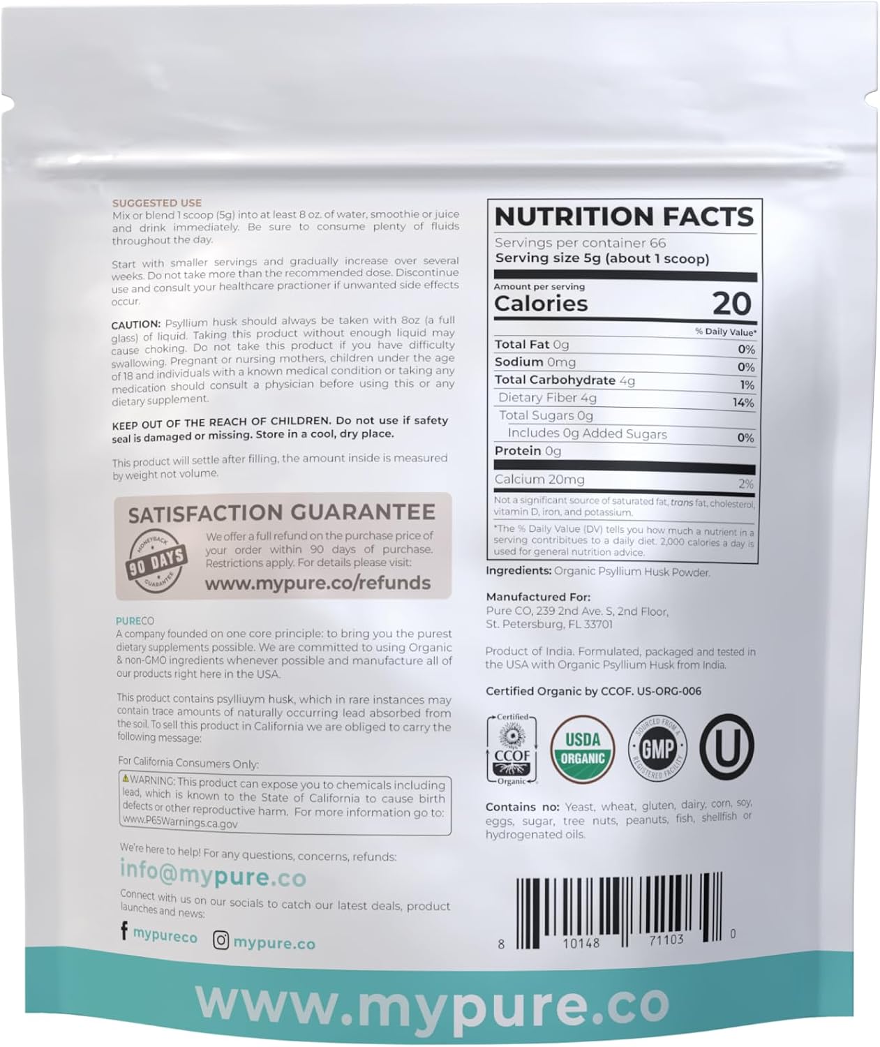 Psyllium Husk Powder Organic Certified - Finely Ground Whole Psyllium Husk Organic Fiber Powder for Baking Smoothies & More - Vegan Gluten Free Non-GMO & Filler Free Soluble Fiber (66 Servings)