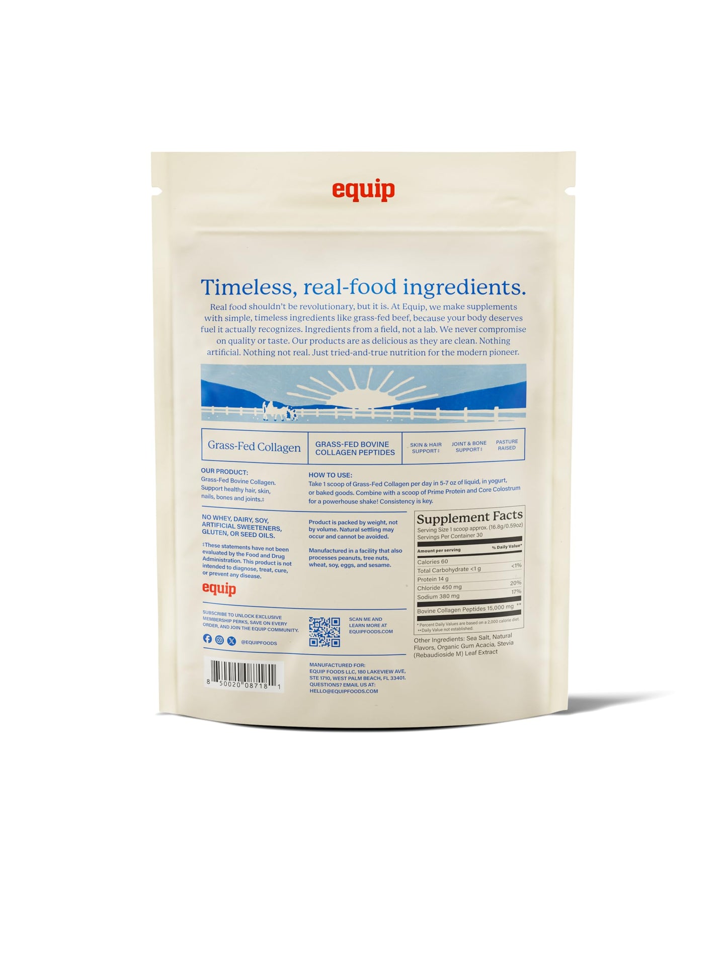Equip Foods Grass Fed Collagen Powder | Hydrolyzed Bovine Collagen Peptides with Amino Acids | Prime Beef Collagen for Healthy Joints, Skin & Nails | Non-GMO, Paleo Friendly | 30 Servings, Unflavored