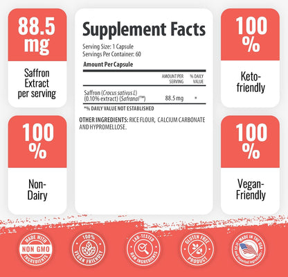1 Body Saffron Extract Supplement, 88.5 mg Safranal, Antioxidant and Mood Support, Vegetarian Capsules