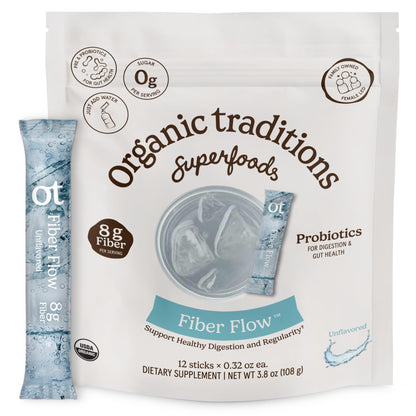 Organic Traditions Fiber Flow Variety Pack, Daily Fiber Supplement Sticks with Acacia, Chicory Root Inulin, One Billion CFU Probiotics, Mixed Flavors Strawberry Yuzu Lime Unflavoured, 12 Count