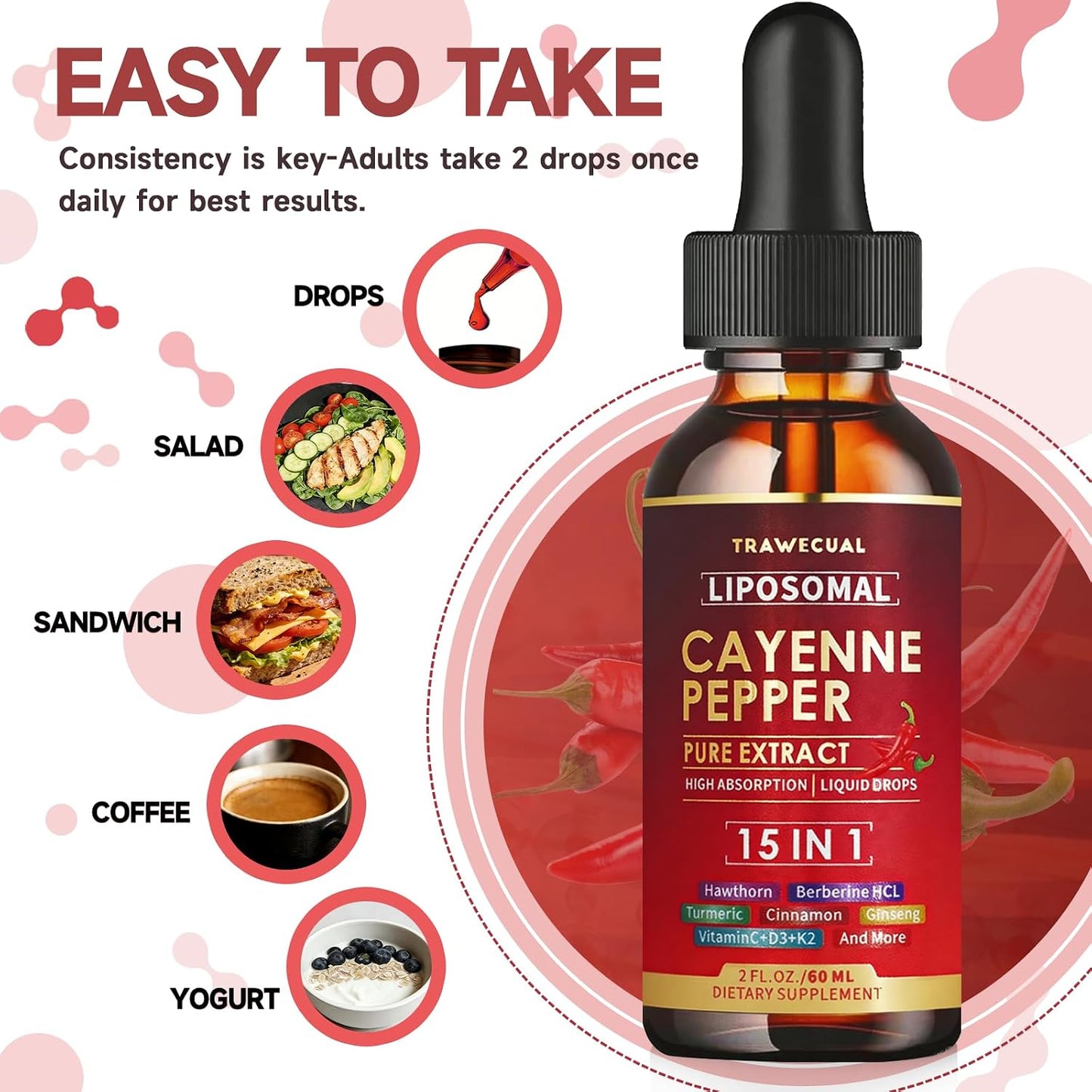 15 in1 Liposomal Cayenne Pepper Liquid Drops Supplement, with Vitamin D3 K2, Hawthorn, Berberine HCL, Beet Root, Turmeric, Cinnamon, Digestion, Circulatory Heath Support- 2 Fl Oz for 30 Days