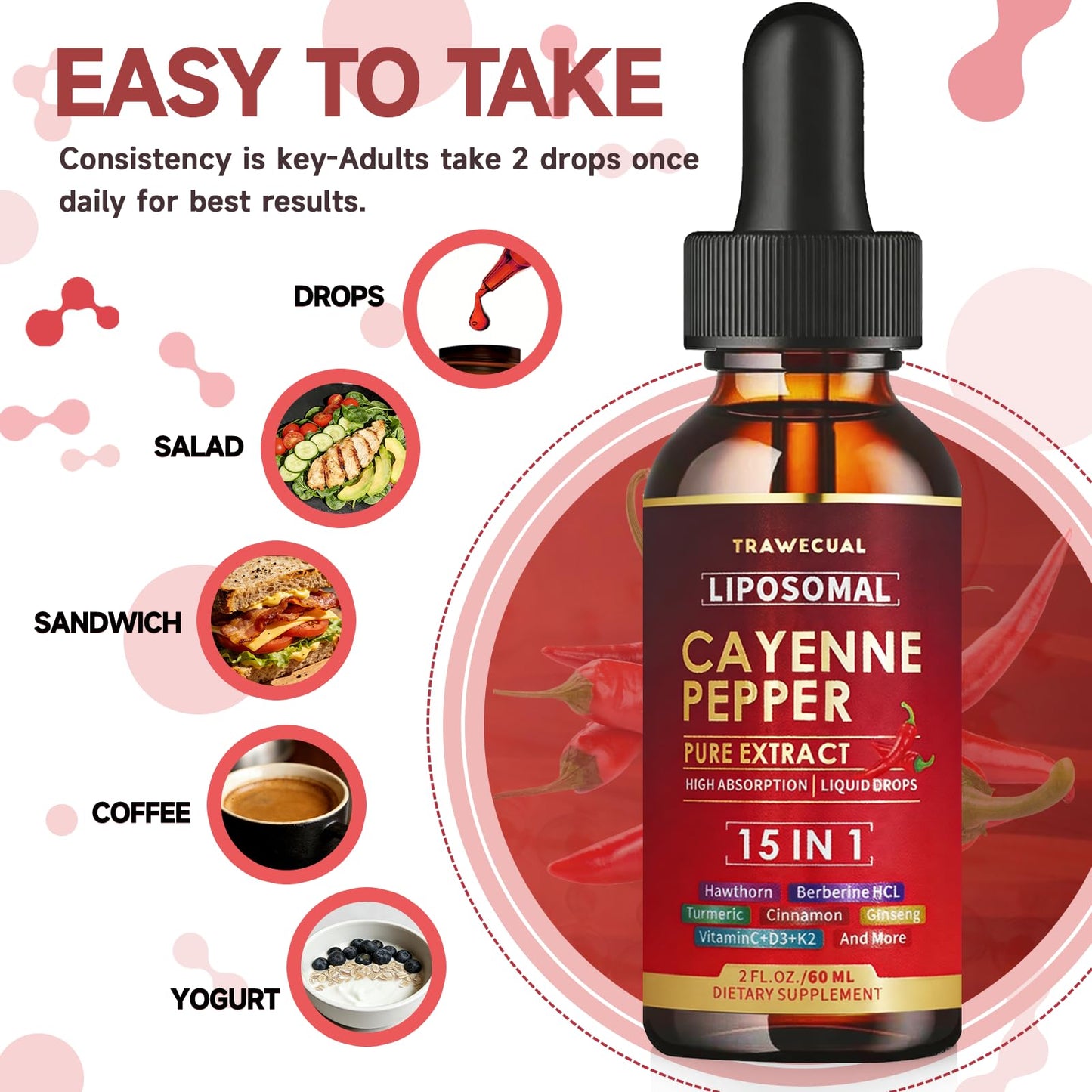 15 in1 Liposomal Cayenne Pepper Liquid Drops Supplement, with Vitamin D3 K2, Hawthorn, Berberine HCL, Beet Root, Turmeric, Cinnamon, Digestion, Circulatory Heath Support- 2 Fl Oz for 30 Days