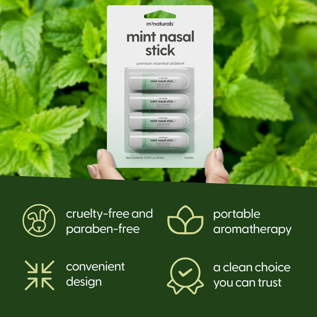 Mint Nasal Stick, Nasal Inhaler, Essential Oil Aromatherapy, 4 Sticks by M3