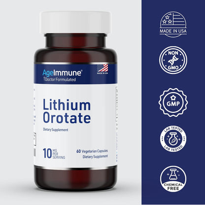 Lithium Orotate 10mg per Capsule - 60 Vegetarian Capsules. Memory and Emotional Wellness Support - Magnesium Stearate Free - 2 Months Supply of Lithium Supplement.