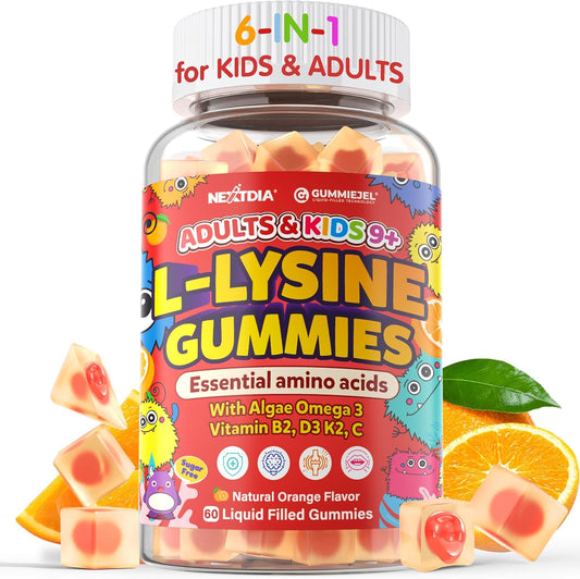 L-Lysine Gummies 500/1000mg with Algae Omega 3, Vitamin B2, D3, K2, C for Kids 9+, Teen & Adult, Lysine Supplement Support Immune, Lip & Oral, Collagen Production, Brain, Bone Health, Sugar Free 1Pack