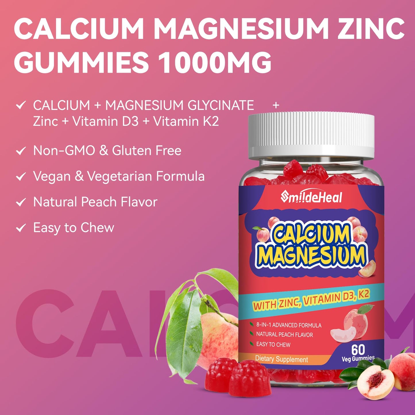 Calcium Magnesium Gummies 600MG, Calcium Magnesium Zinc Gummies with Vitamin D3 - High Absorption Complex Calcium Supplement, Vegan, 60 Counts