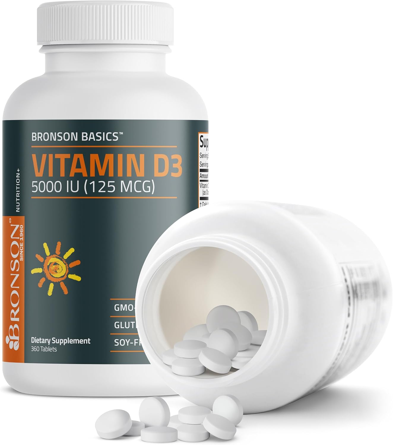 Bronson Vitamin D3 5000iu (125mcg) Non-GMO Gluten-Free Soy-Free 360 Tablets | Immune, Bone, Joint, Breast, Heart, and Colon Health Supplement