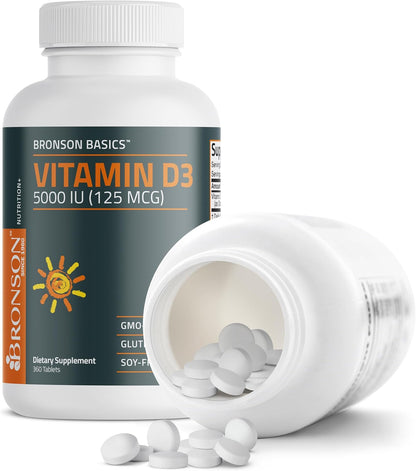 Bronson Vitamin D3 5000iu (125mcg) Non-GMO Gluten-Free Soy-Free 360 Tablets | Immune, Bone, Joint, Breast, Heart, and Colon Health Supplement