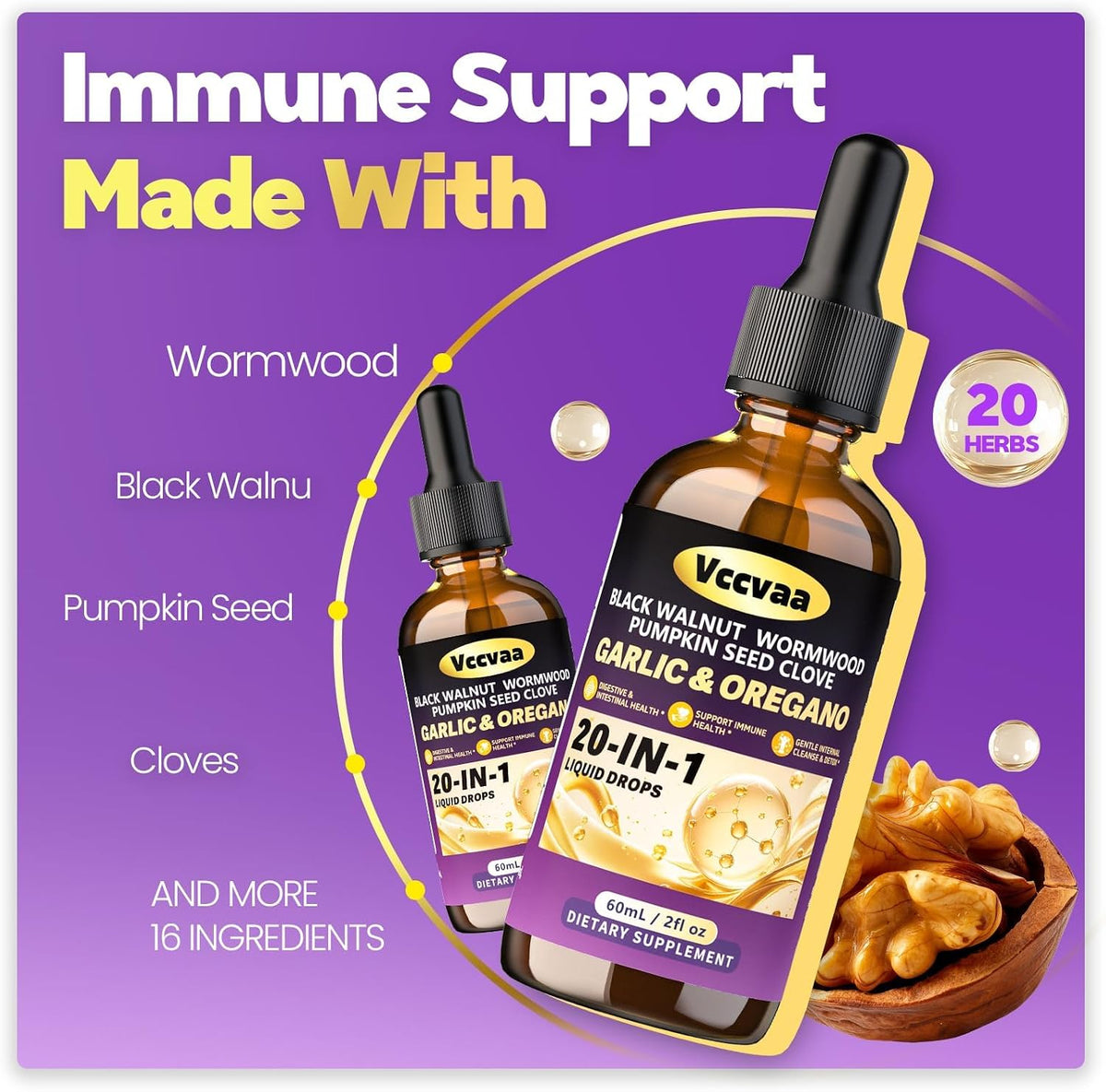 20-in-1 Wormwood Black Walnut Clove Parasite Cleanse | Wormwood, Pumpkin Seed & Oregano | Digestive & Intestinal Health Support | Immune System Booster | Gentle Internal Cleanse & Detox | 60 mL