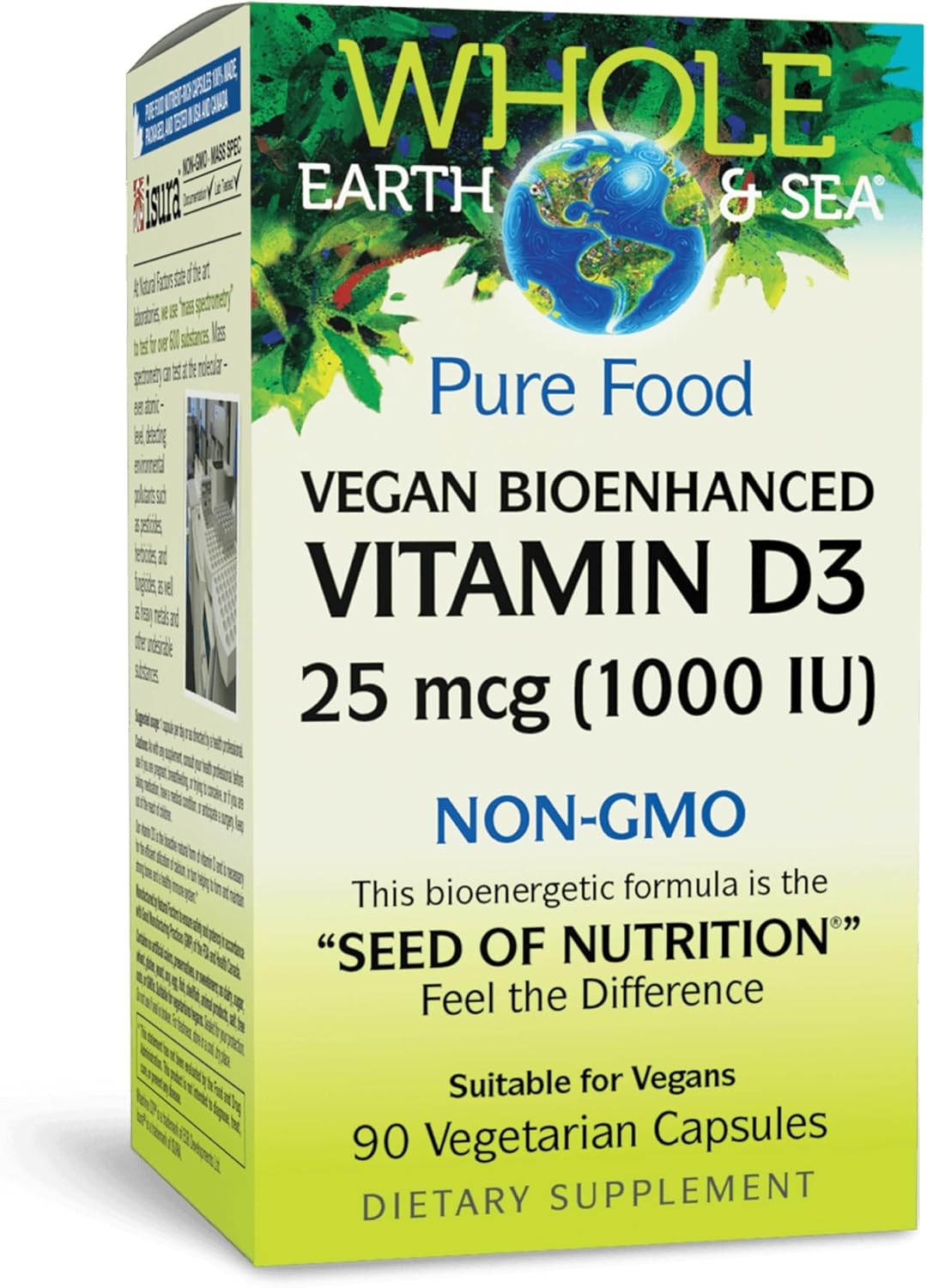 Natural Factors Whole Earth & Sea Vitamin D3 - Dietary Supplement Supports Strong Bones & Joints - Aids Calcium Absorption - Vegan & Non-GMO - 90 Vegetarian Capsules (90 Servings)