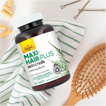 Country Life Maxi-Hair Plus Hair Skin & Nails Vitamin, 5,000 mcg Biotin, 120 Vegetarian Capsules, Gluten Free