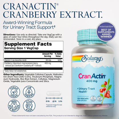 SOLARAY CranActin Cranberry Extract 400 mg - Cranberry Supplements for Women and Men - Bladder and Urinary Tract Health Support with Vitamin C - Vegan, 60-Day Guarantee, 120 Servings, 120 VegCaps