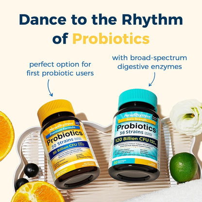 NewRhythm Probiotics 50 Billion CFU 20 Strains, 60 Veggie Capsules and Kids Probiotic Chewables, 5 Billion CFU 10 Strains