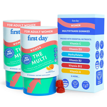 FIRST DAY Women's Multivitamin Gummies with Methylated Folate, 60 Gummies | Vegan daily multivitamin for women with biotin, zinc and organic superfood blend; take 2 gummies daily for everyday nutrition