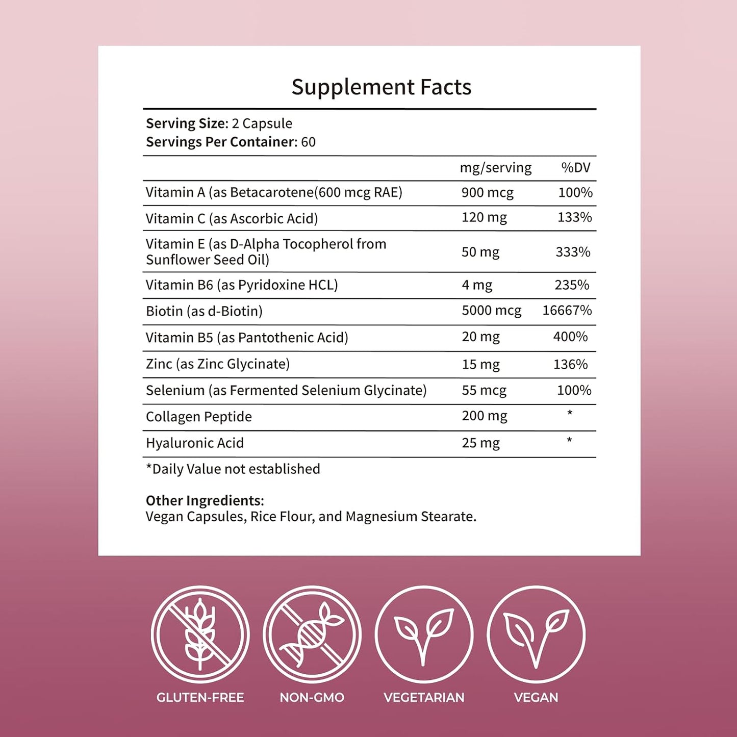 Hair Skin & Nails Vitamins Supplement for Women,with Biotin,Collagen Peptides,Hyaluronic Acid,Vitamin A, C, E, B5,B6,Support Skin Moisture and Suppleness,Hair and Nails Health,120 Capsules