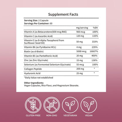 Hair Skin & Nails Vitamins Supplement for Women,with Biotin,Collagen Peptides,Hyaluronic Acid,Vitamin A, C, E, B5,B6,Support Skin Moisture and Suppleness,Hair and Nails Health,120 Capsules