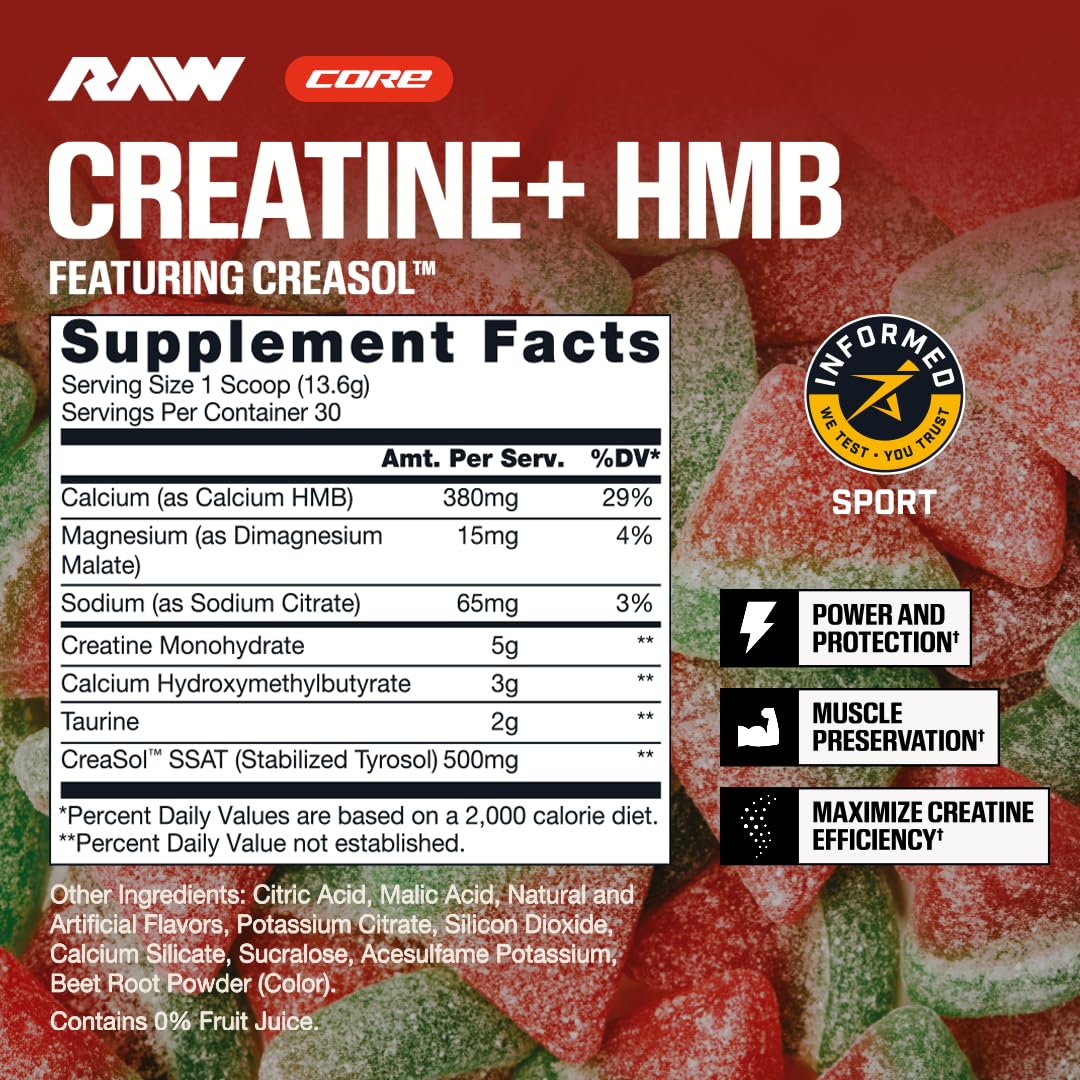 RAW Creatine Plus HMB, Champion Mentality, Creatine HMB Powder - Creatine Monohydrate Powder with 3G HMB, Taurine & No Added Sugar, Muscle Mass Growth, Strength Building & Enhanced Energy, 30 Servings