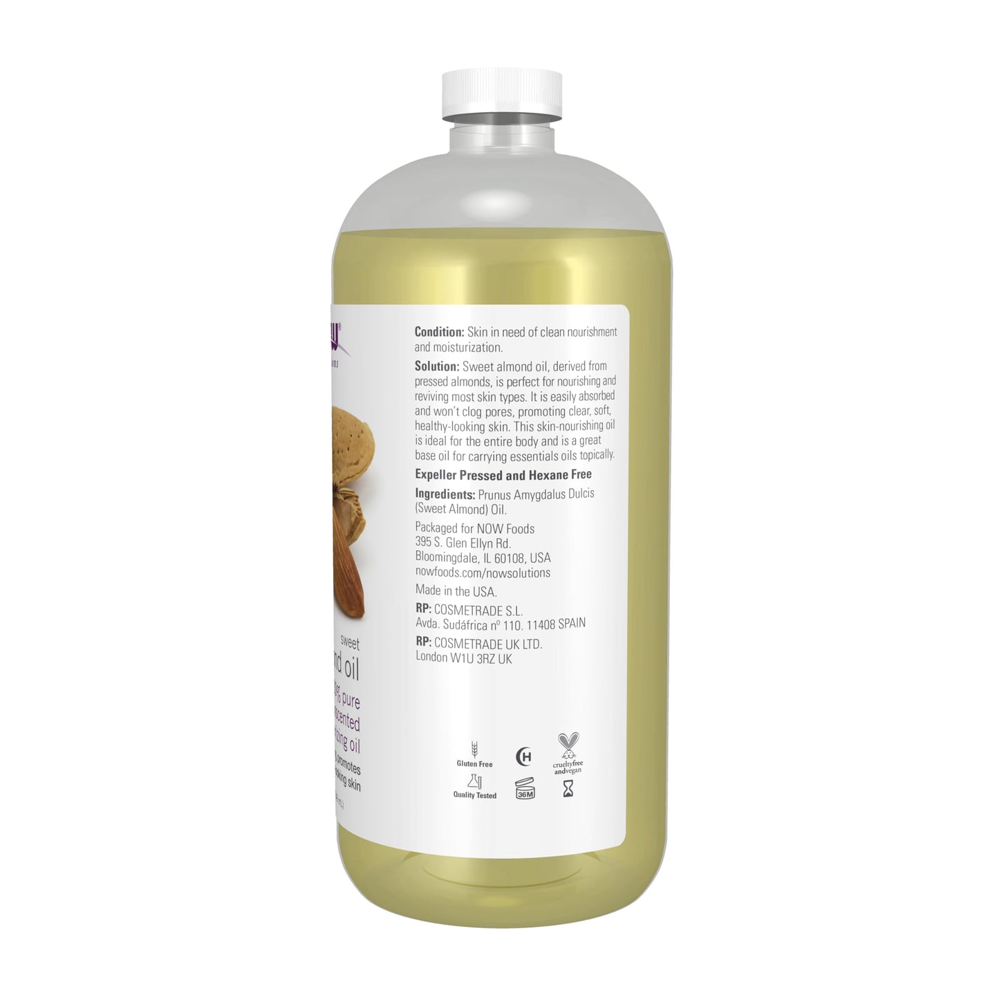 NOW Foods Solutions, Sweet Almond Oil, 100% Pure Moisturizing Oil, Promotes Healthy-Looking Skin, Unscented Oil, 16-Ounce,Package may vary