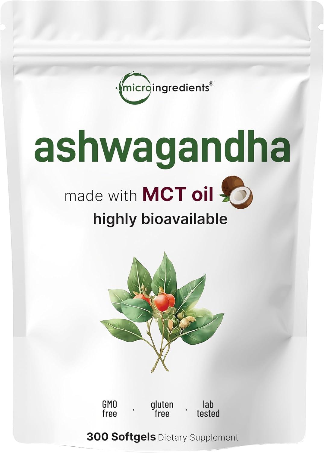 Micro Ingredients Ashwagandha Supplement with Black Pepper | 300 Coconut MCT Oil Softgels | High Potency Root Extract | Better Absorption | Non-GMO