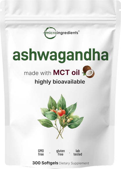 Micro Ingredients Ashwagandha Supplement with Black Pepper | 300 Coconut MCT Oil Softgels | High Potency Root Extract | Better Absorption | Non-GMO