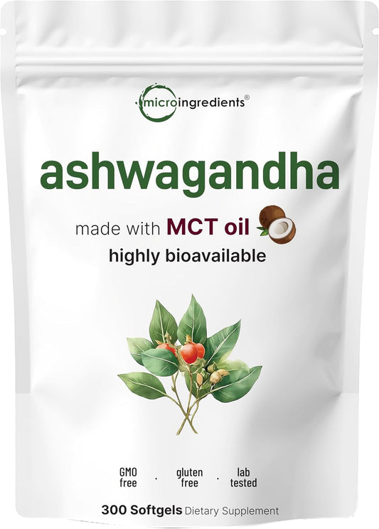 Micro Ingredients Ashwagandha Supplement with Black Pepper | 300 Coconut MCT Oil Softgels | High Potency Root Extract | Better Absorption | Non-GMO