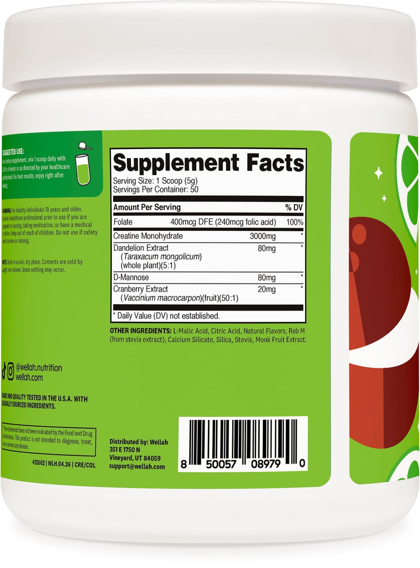 Wellah Creatine for Women - Creatine Monohydrate with Dandelion & Cranberry Extract (50 Servings, Strawberry Lemonade) | Creatine Monohydrate with Dandelion & Cranberry Extract