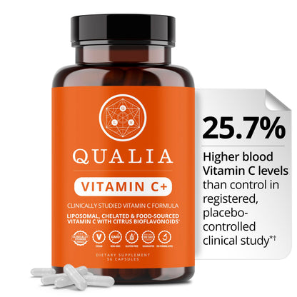 Qualia Vitamin C+ | Clinically Studied, Doctor Formulated | 7 High-Absorption Forms Including Liposomal PureWay-C®, Chelated & Food-Sourced with Citrus Bioflavonoids, Zinc, & Rose Hips | 500 mg