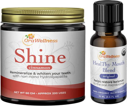 OraWellness Shine Remineralizing Natural Teeth Whitening Powder in Cinnamon + Healthy Mouth Blend Organic Toothpaste & Mouthwash Alternative Tooth Oil