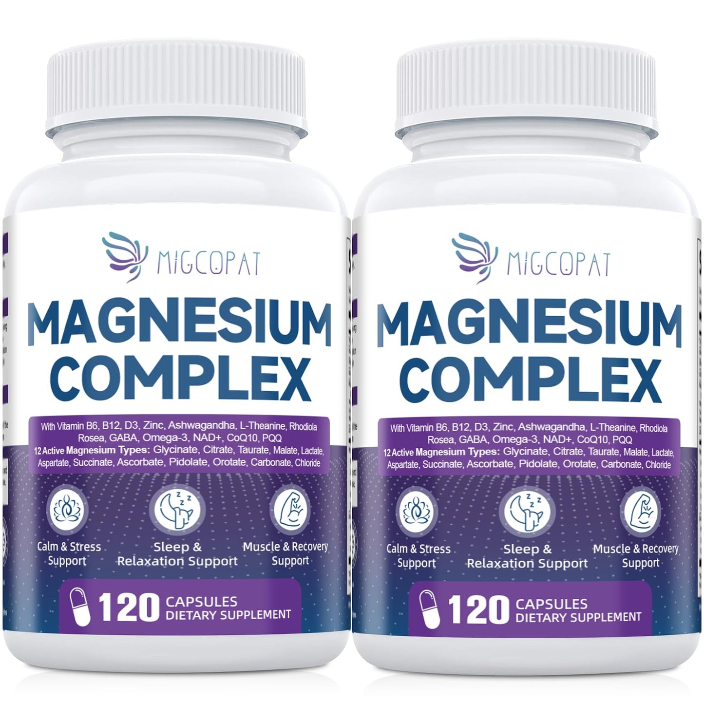 Migcopat Magnesium Complex w/Magnesium Glycinate, Malate, Citrate | 24-in-1 Magnesium Supplement w/Ashwagandha, L-Theanine & NAD+ | Supports Calm, Energy, Muscle & Sleep | Non-GMO, 120 Vegan Caps
