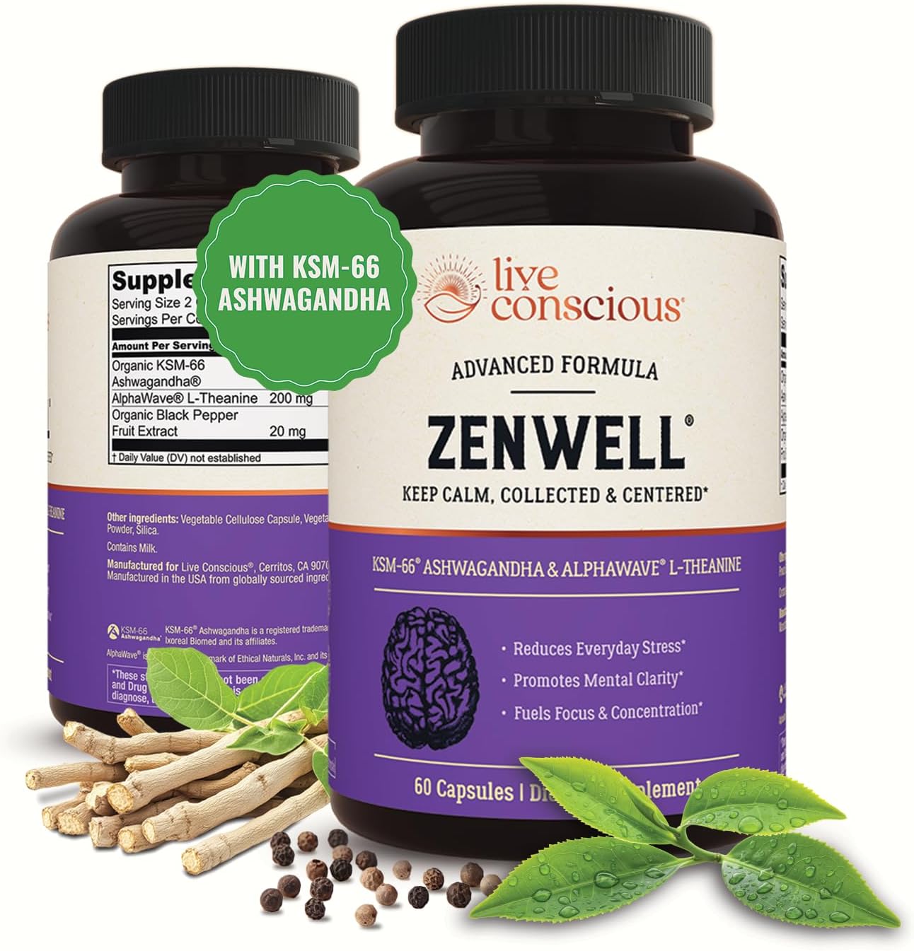 Live Conscious KSM-66 Ashwagandha Supplement w/L Theanine & AlphaWave - ZenWell Everyday Stress Relief, Cognitive, Brain Health - Ashwagandha for Men & Women - 60 Capsules