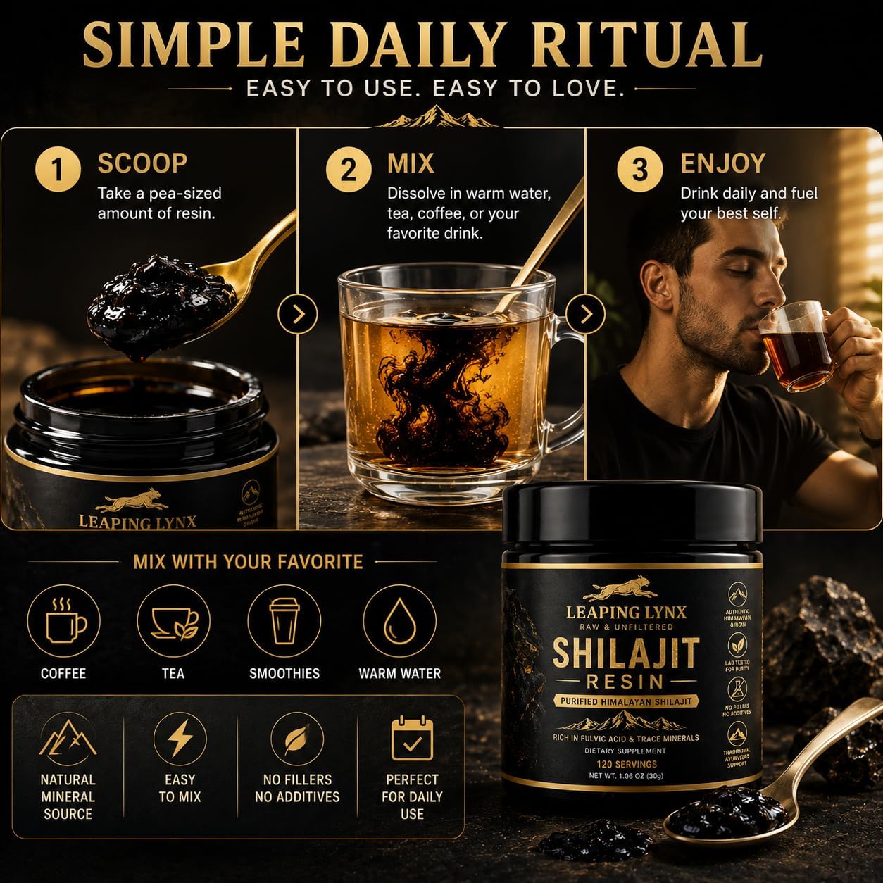 Resina Shilajit del Himalaya de 1,000 mg – 85+ oligominerales, ácido fúlvico orgánico de grado dorado | Cosechado alpino, secado al sol y purificado en laboratorio | Energía, vitalidad, apoyo inmunológico y cardiovascular | Sin OMG