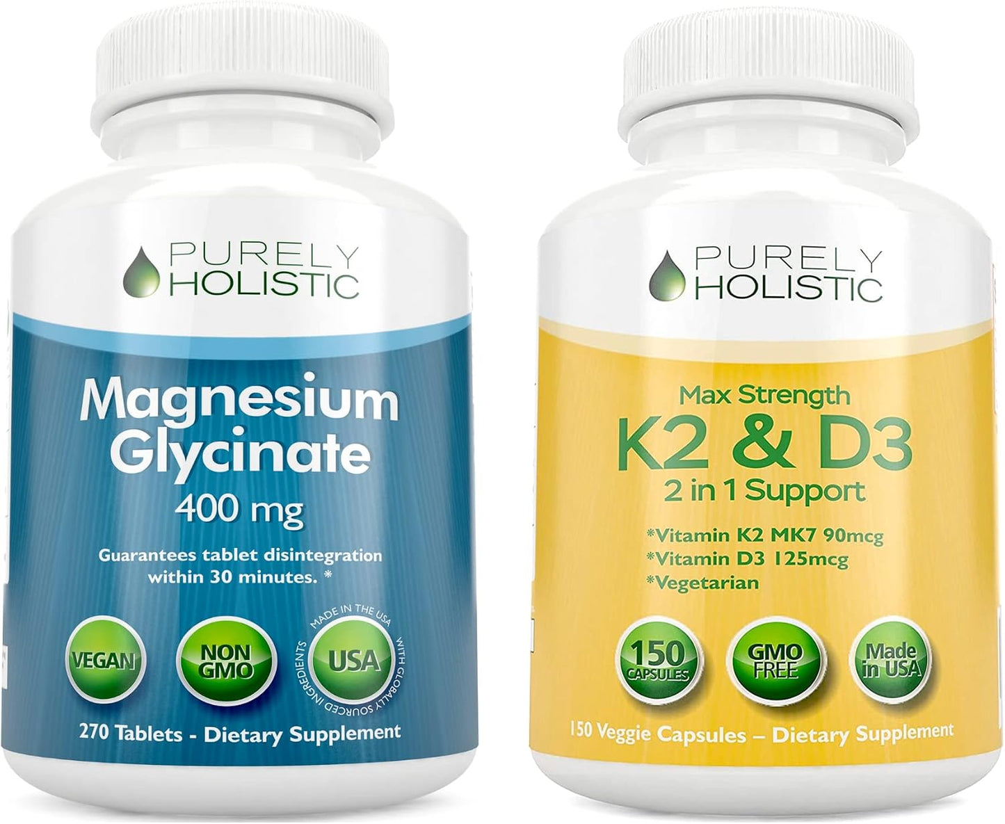 Magnesium Glycinate 400mg + Vitamin D3 125mcg K2 MK7 90mcg - 270 Tablets & 150 Capsules Bundle - Made in USA