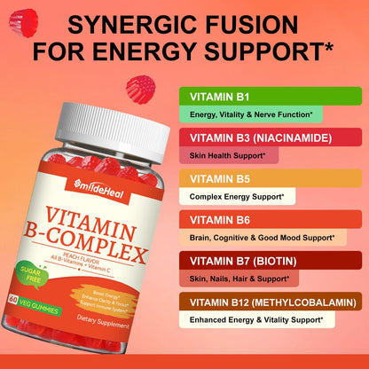 Vitamin B Complex Gummies for Women & Men - All B Complex & B12 - 60 Gummy | Vitamin B12, B1, B2, B3, B5, B6, B7 & B9 with Vitamin C & Choline - Energy & Immune Support* - Vegan, Peach Flavor