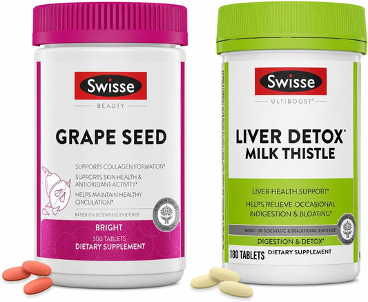 Swisse Liver Detox Milk Thistle & Grape Seed Extract Bundle – Liver Support, Antioxidant & Skin Health Supplement for Men & Women