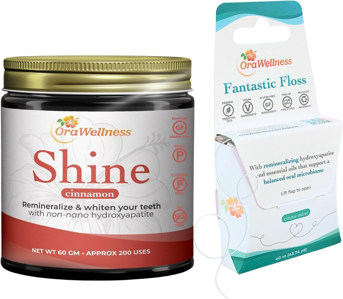 OraWellness Shine Cinnamon Remineralizing Tooth Whitening Powder + Fantastic Floss Waxed Dental Floss with Hydroxyapatite for Tooth & Gum Repair