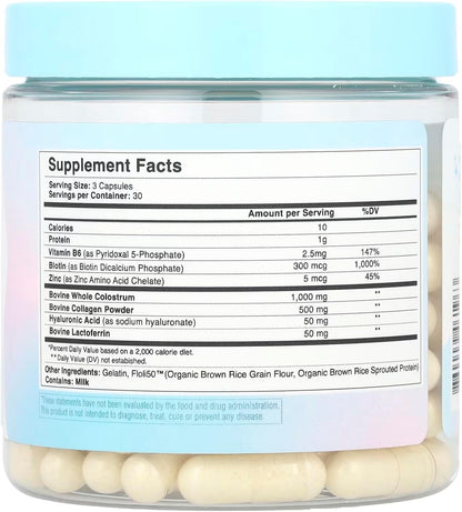 WONDERCOW Hair Skin and Nails Vitamins w/Bovine Colostrum, Collagen, Hyaluronic Acid, Biotin, Zinc, & Lactoferrin┃Supports Faster Hair Growth, Stronger Nails and Glowing Skin (30 Servings, Capsule)