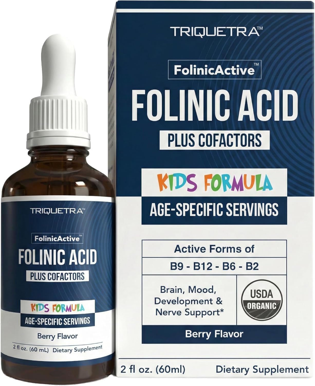 Organic FolinicActive Kids - Folinic Acid + B12, B6 & B2 Cofactors - Gentle Methylation Support for Mood, Energy & Cognition, Age Adjustable Dosing for Kids 1-18, Non GMO, Vegan, Berry Flavor (60mL)