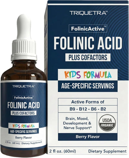 Organic FolinicActive Kids - Folinic Acid + B12, B6 & B2 Cofactors - Gentle Methylation Support for Mood, Energy & Cognition, Age Adjustable Dosing for Kids 1-18, Non GMO, Vegan, Berry Flavor (60mL)