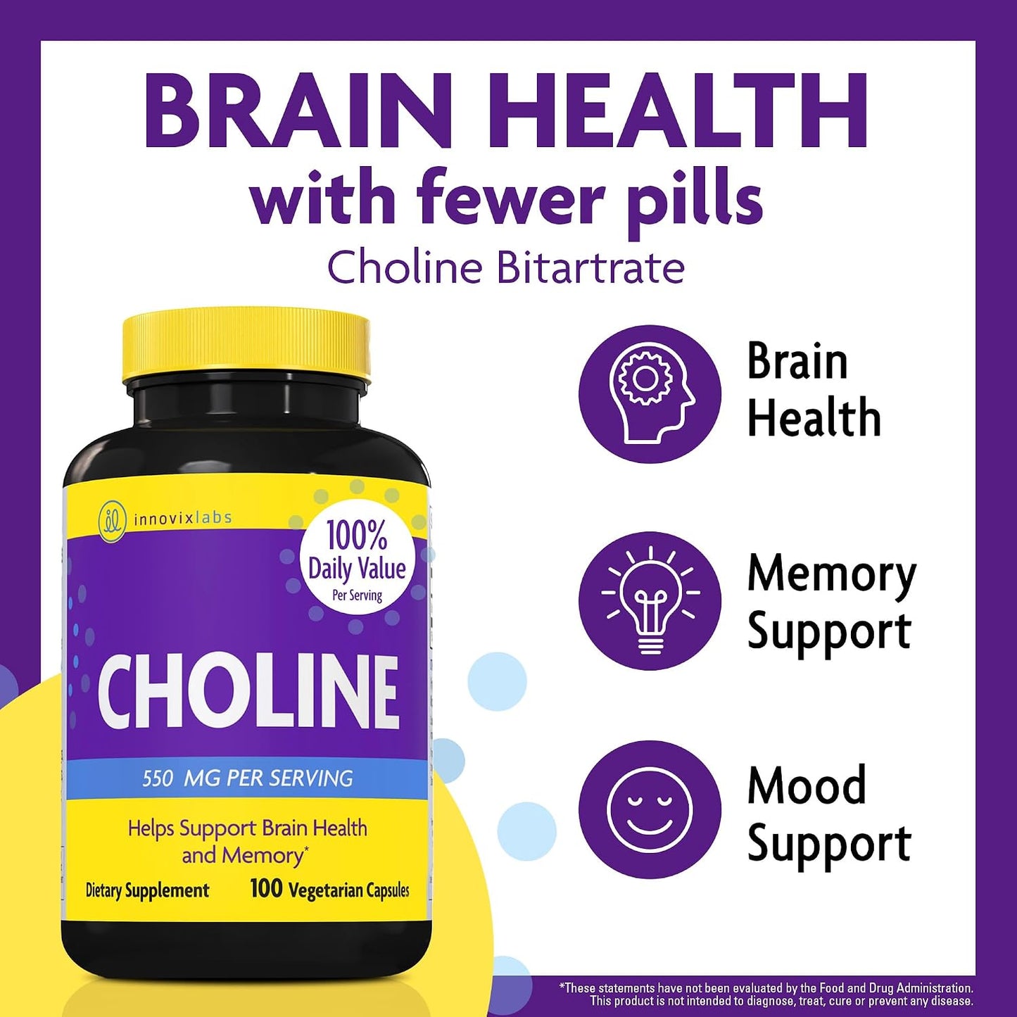 InnovixLabs Choline Supplement 550 mg, Pure Choline Bitartrate Brain Supplement for Memory and Focus, Supports Liver Function and Mental Clarity for Women and Men, Non-GMO, 50-Day Supply